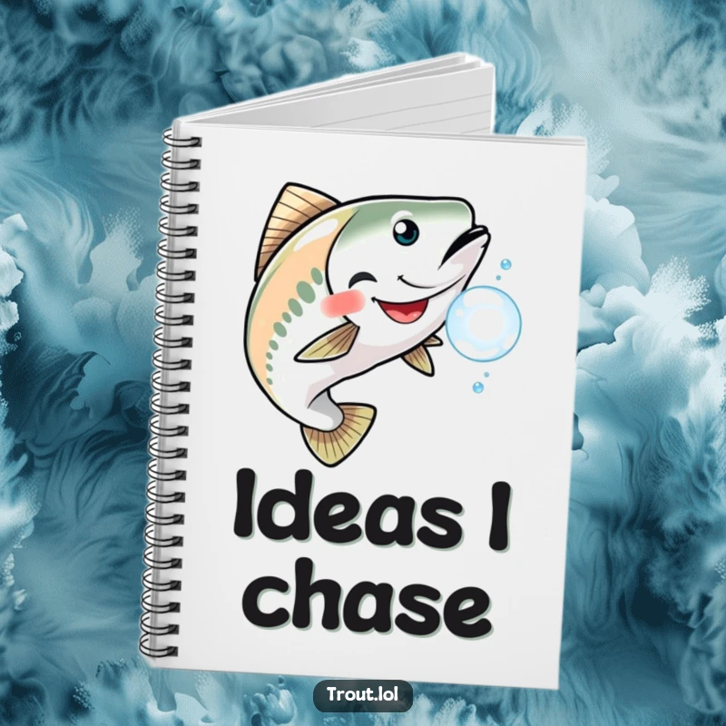 Funny notebook cover with a grinning trout playfully chasing a shimmering bubble, perfect for notes and sketches.