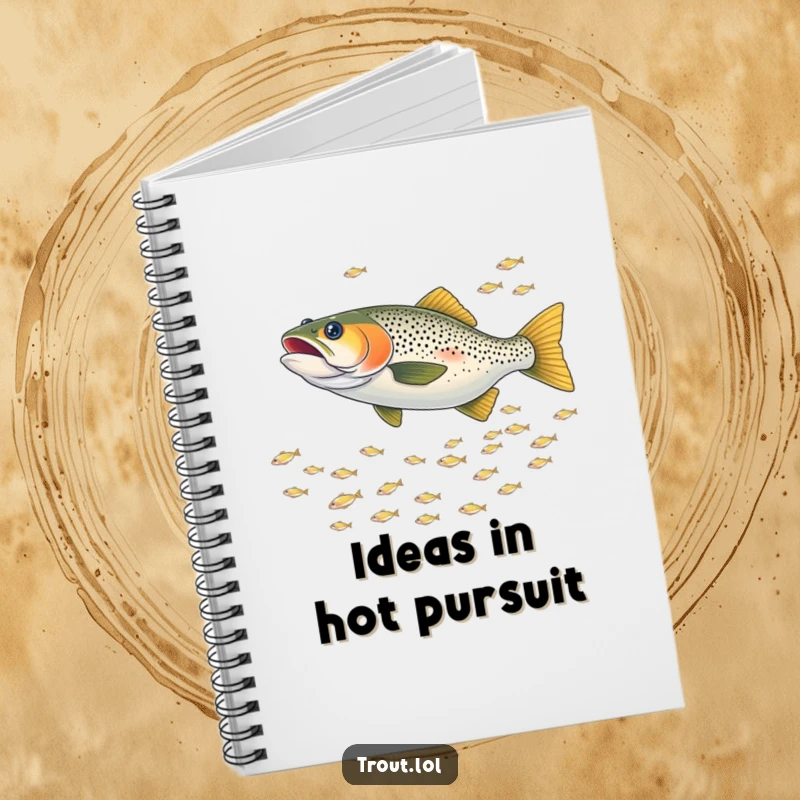Funny notebook cover featuring a trout playfully chasing a school of tiny shimmering fish, perfect for jotting down ideas and plans.