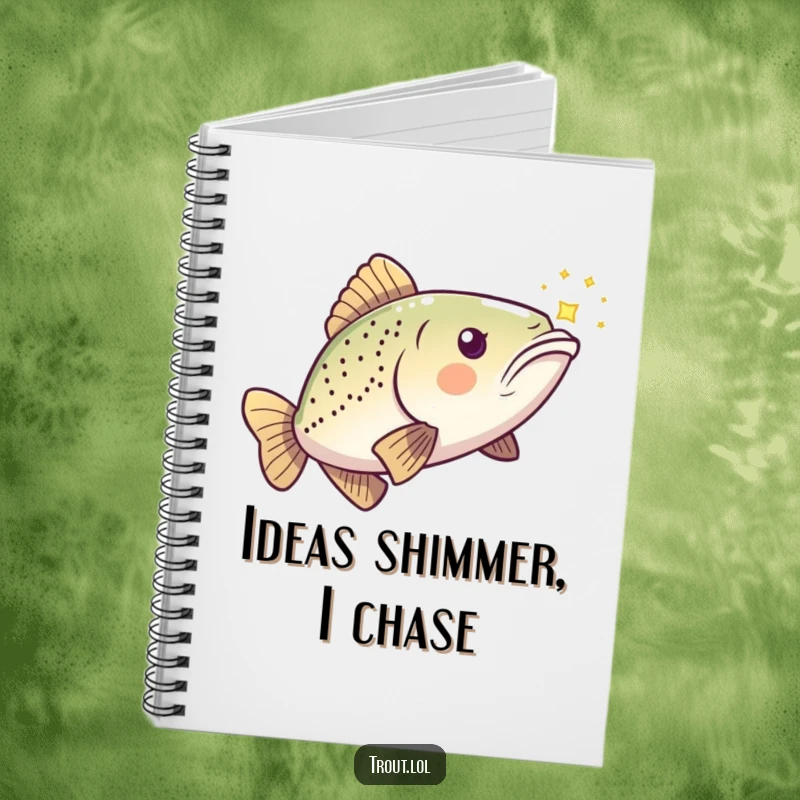 Funny Kawaii Trout Notebook featuring a playful fish chasing a shimmering light, for humorous note-taking.
