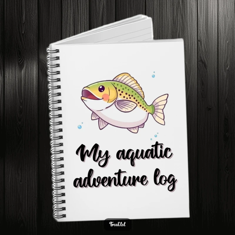 Funny notebook with a happy trout twirling underwater, perfect for capturing notes and ideas with a splash of aquatic humor.