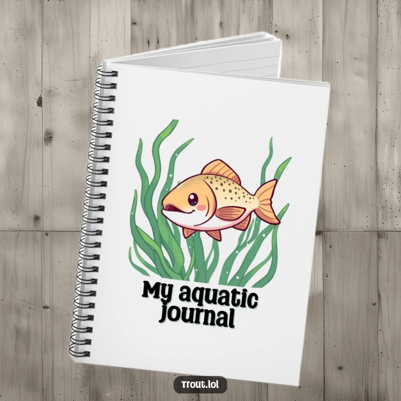 Funny notebook with a cheerful kawaii trout swimming through seaweed, ideal for jotting down notes or creative writing.
