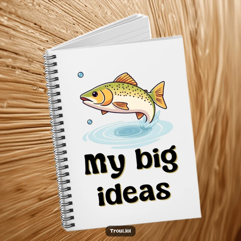 Funny notebook featuring a small trout happily leaping from the water, perfect for jotting down fishing notes.