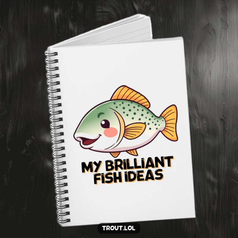 Funny kawaii trout notebook with a happy fish doing a tail wiggle, ideal for note-taking with a humorous and cheerful touch, a funny gift.