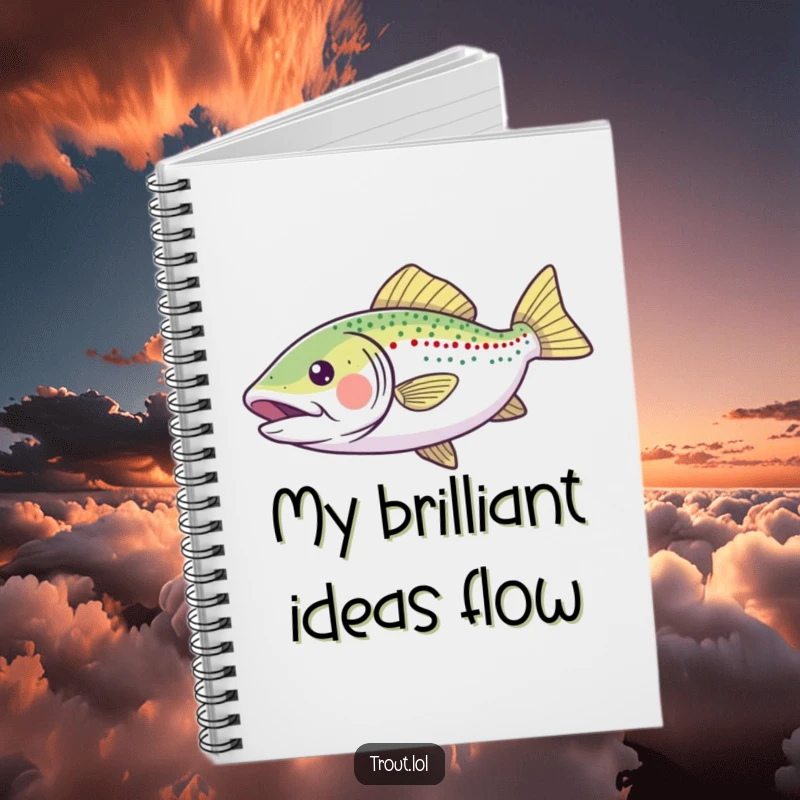 Funny Notebook featuring a joyful trout gliding with outstretched fins, inspiring creativity and happy thoughts for note-taking.