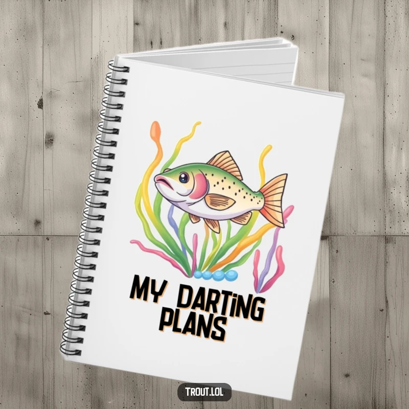 Funny notebook featuring a trout darting through colorful seaweed, perfect for capturing aquatic ideas and creative notes.