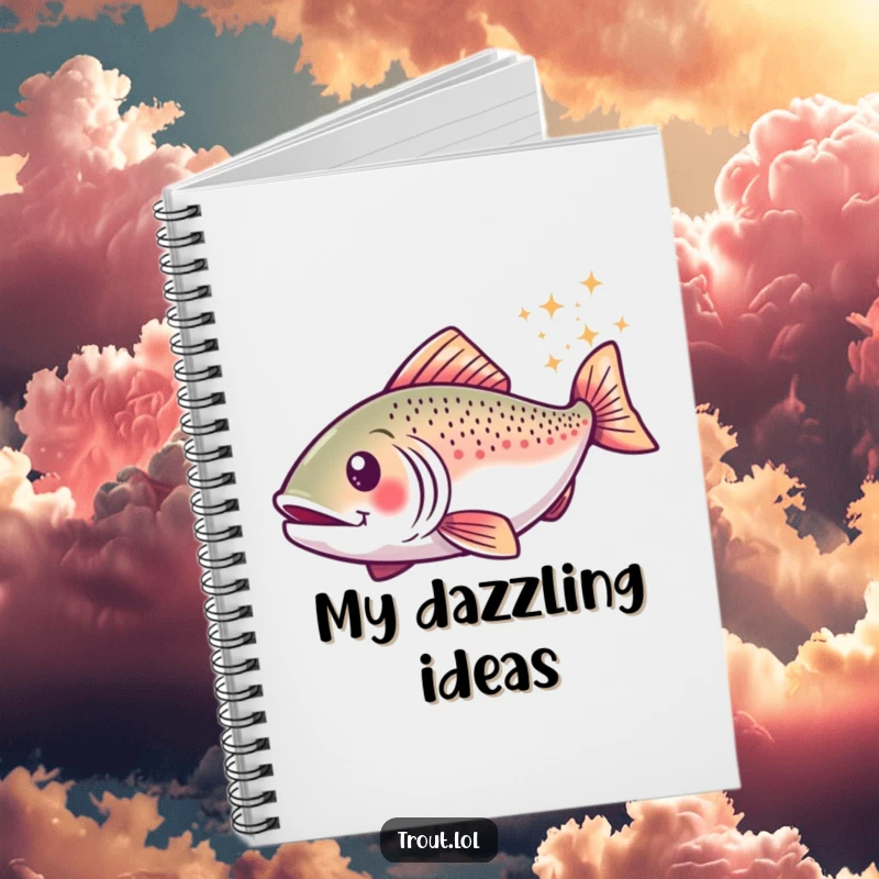 Funny notebook cover with a trout in a happy swirl, leaving a trail of sparkles, inspiring creativity and magical thoughts.