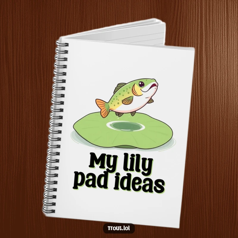 Funny notebook featuring a trout energetically bouncing on a lily pad, perfect for capturing thoughts and creative ideas.
