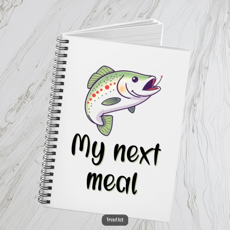 Funny notebook featuring a trout chasing a minnow, designed for writing down thoughts, goals, and creative ideas with motivational humor.