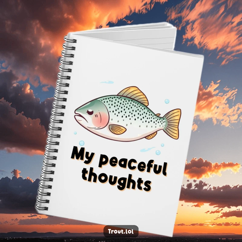 Funny notebook with a design of a trout with closed eyes floating serenely in clear water, promoting mindfulness.