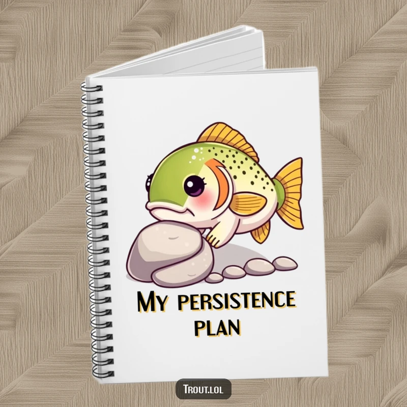 Funny notebook with a determined kawaii trout nudging a pebble, ideal for jotting down goals and progress notes.
