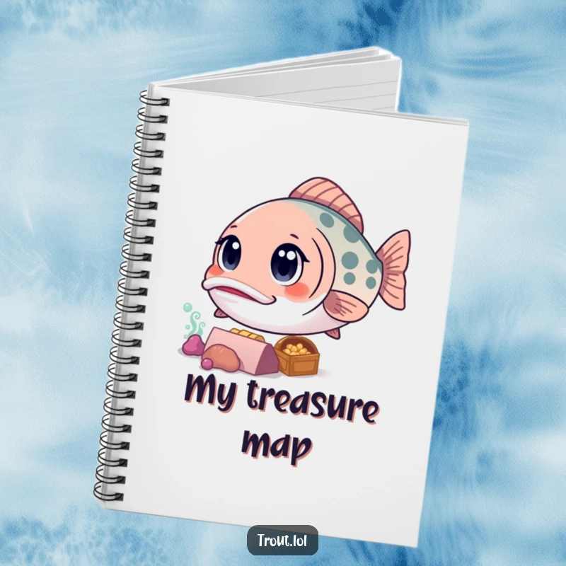 Funny notebook with a curious kawaii trout looking at sunken treasure, ideal for jotting down notes and exploration ideas.