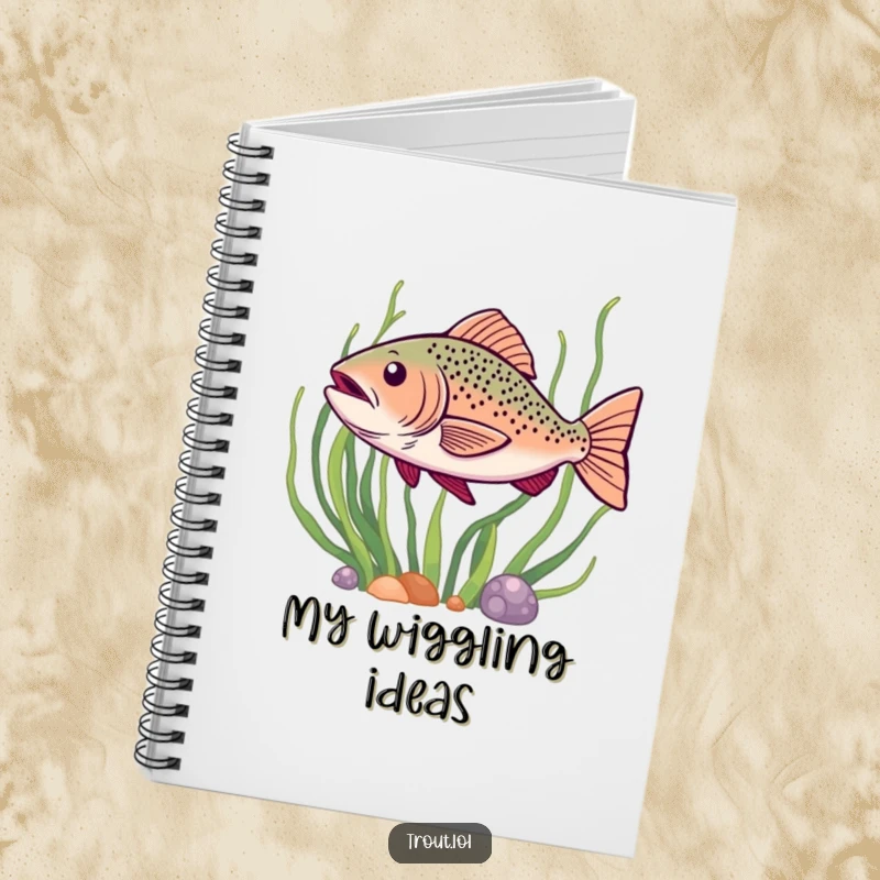 Funny notebook with a design of a trout doing a happy wiggle as it swims past seaweed, inspiring joy.