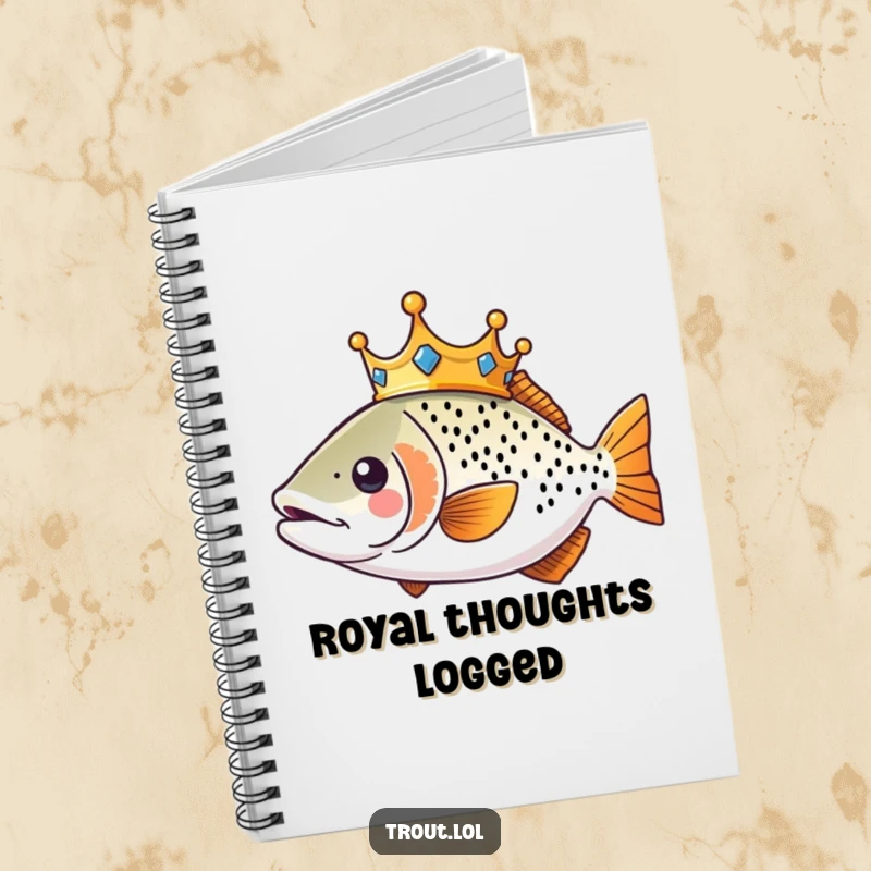 Funny Kawaii Trout Notebook featuring a crowned trout swimming regally, perfect for humorous note-taking.