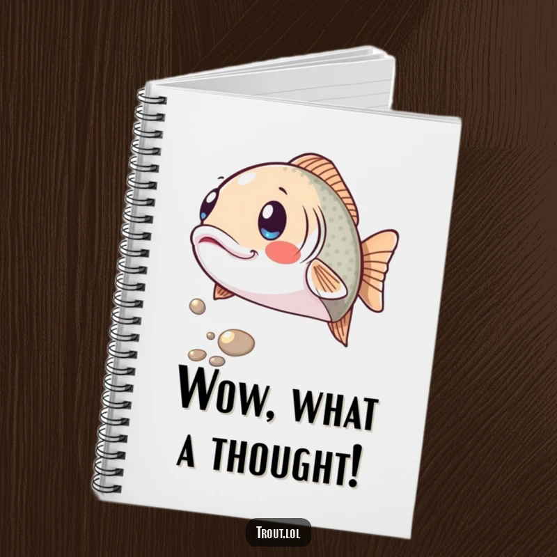 Funny notebook cover with a trout making a surprised expression as a shiny pebble rolls by, an amusing design for capturing thoughts and sudden inspirations.
