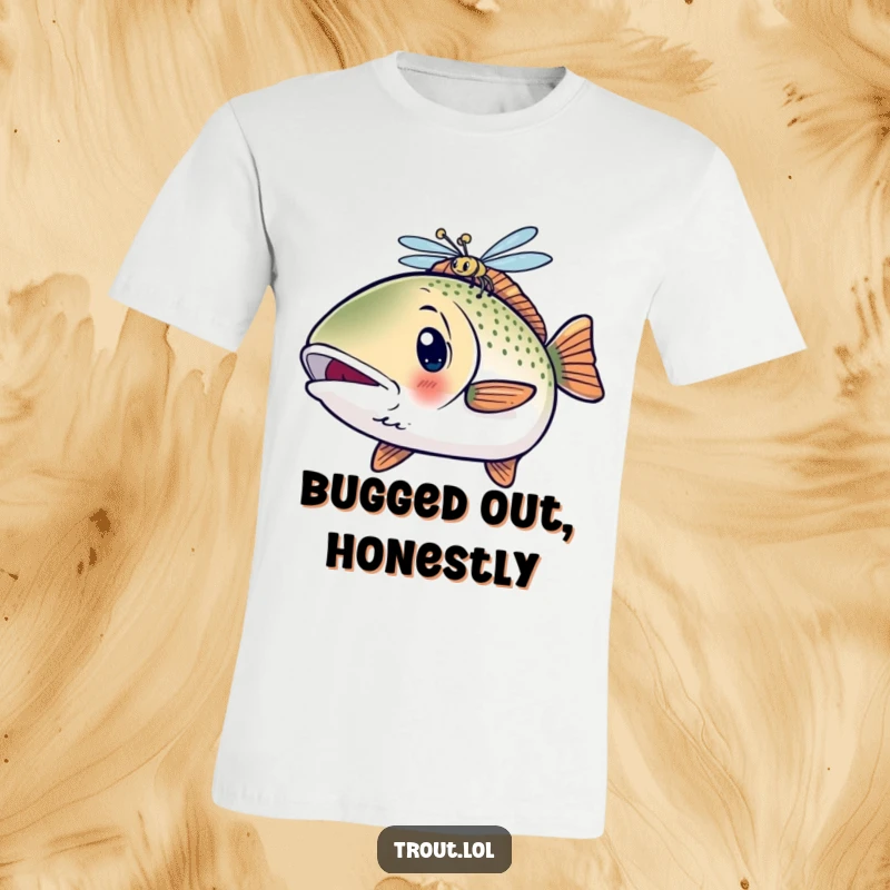 Funny Surprised Kawaii Trout T-Shirt with a shocked fish reacting to a hovering dragonfly, a humorous outfit.
