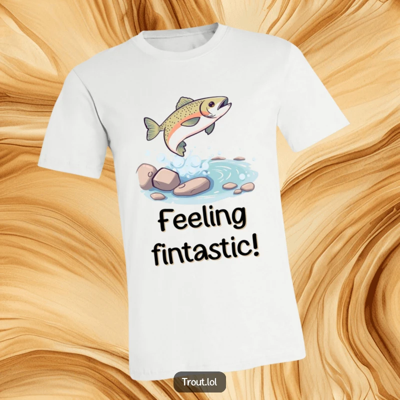 Funny T-Shirt: Energetic trout joyfully leaping out of a bubbly stream, capturing a humorous splash of outdoor fun, great funny gift.