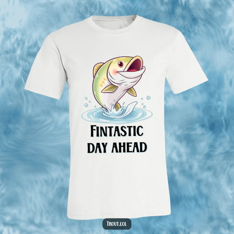 Funny t-shirt with a grinning trout character joyfully leaping out of the water, perfect for fishing enthusiasts.