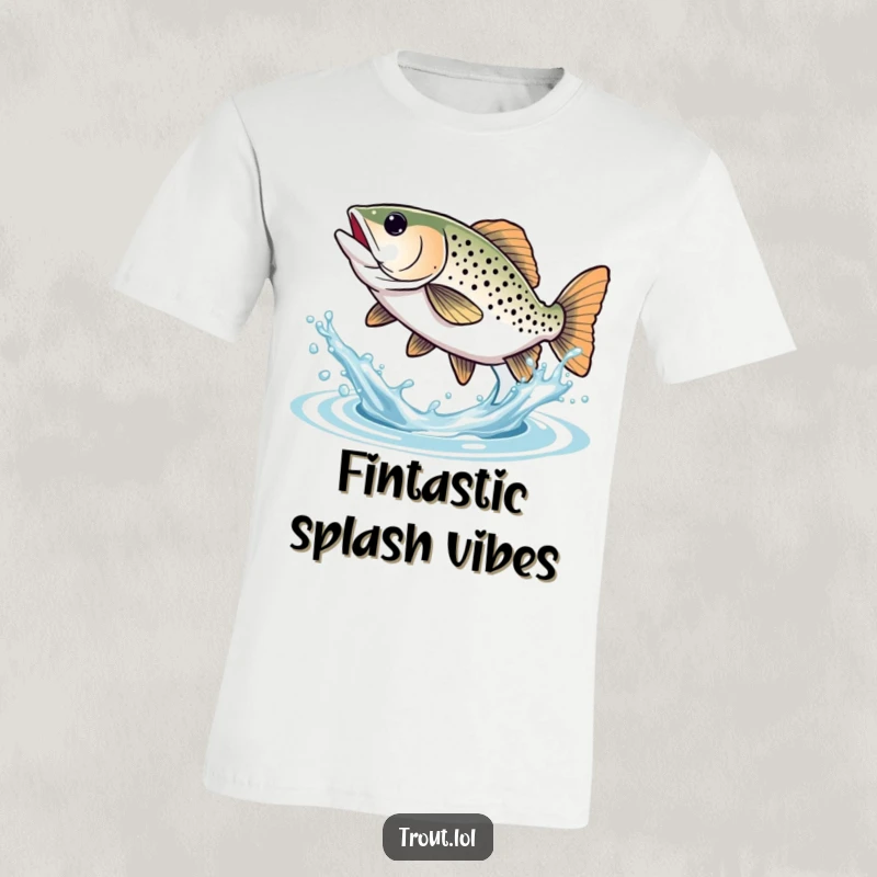 Funny Trout T-Shirt: Animated trout joyfully splashing water with its tail, full of playful energy and delight.