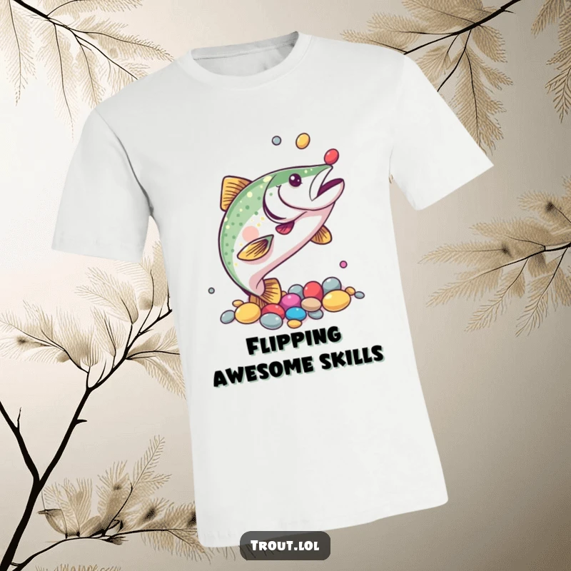 Funny t-shirt depicting a trout juggling colorful pebbles with its fins, highlighting its impressive coordination and playful spirit.