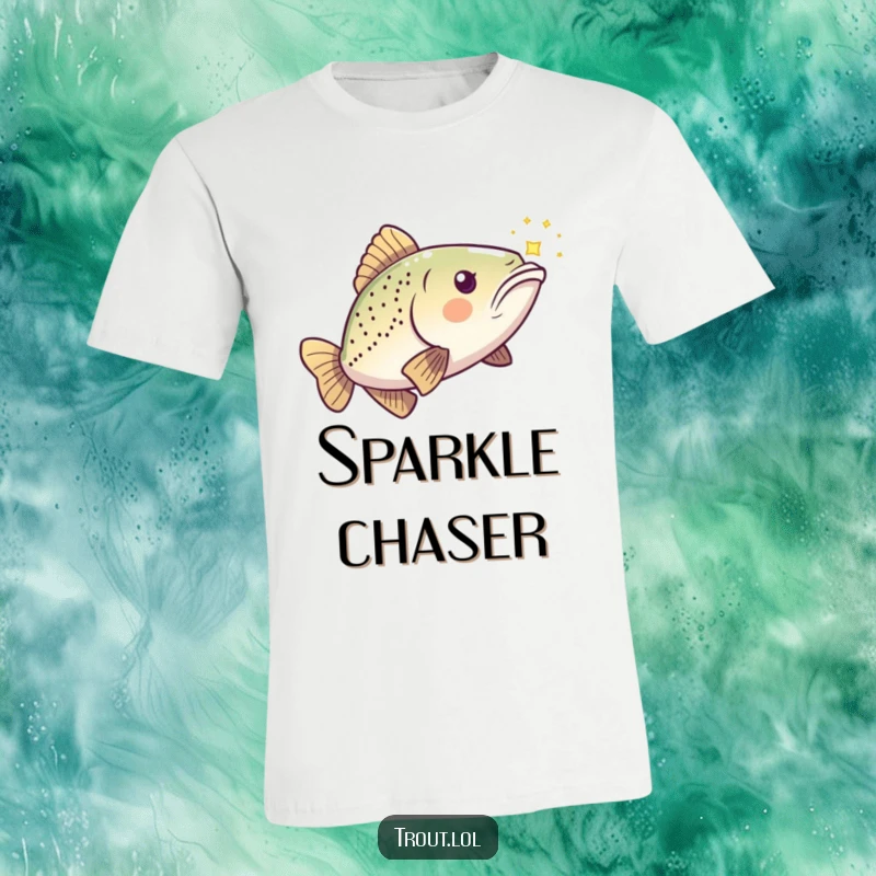 Funny Kawaii Trout T-Shirt showing a playful fish chasing a shimmering light, a humorous and active design.