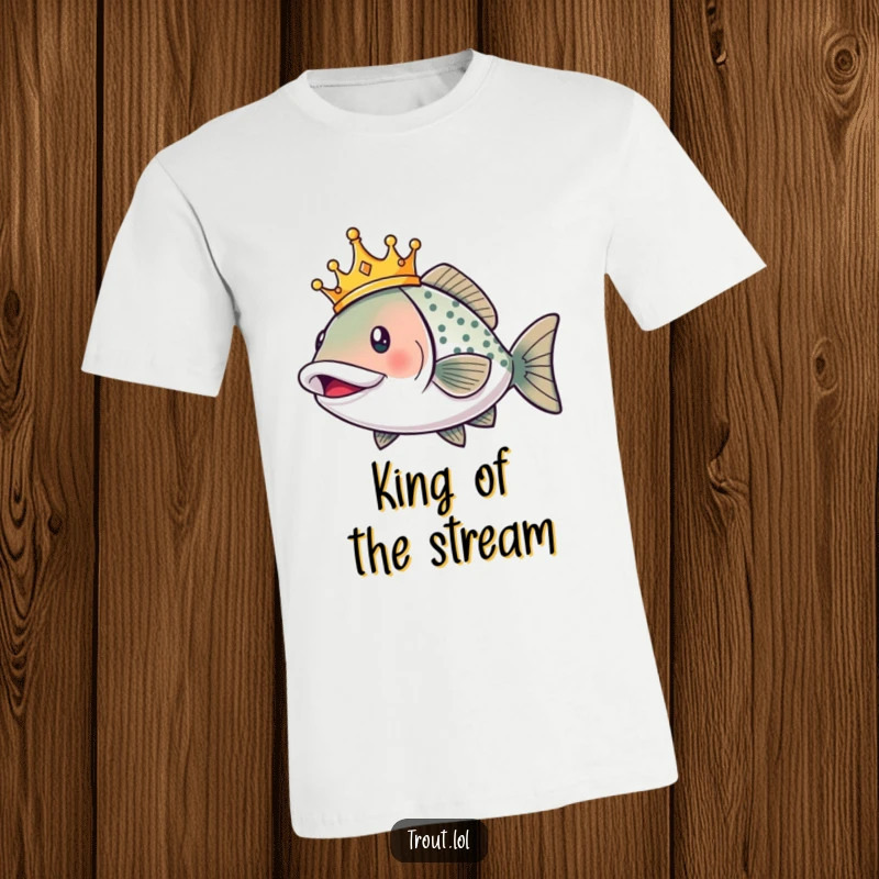 Funny t-shirt featuring a smiling trout adorned with a crown, swimming with cheerful exuberance, exuding aquatic royalty.