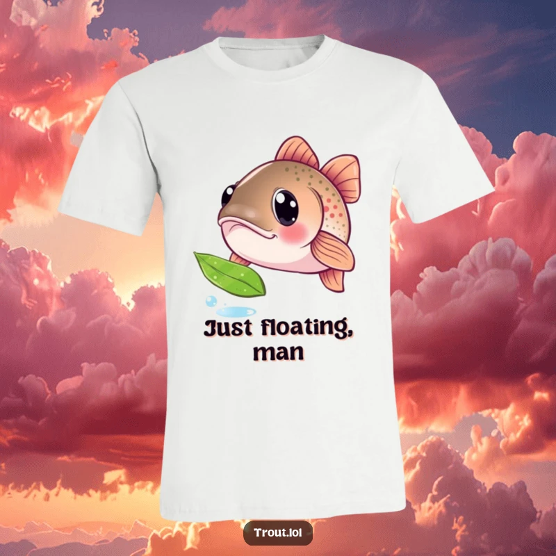 Funny t-shirt depicting a trout with large, curious eyes, intently watching a single leaf float by, embodying a humorous, innocent fascination.