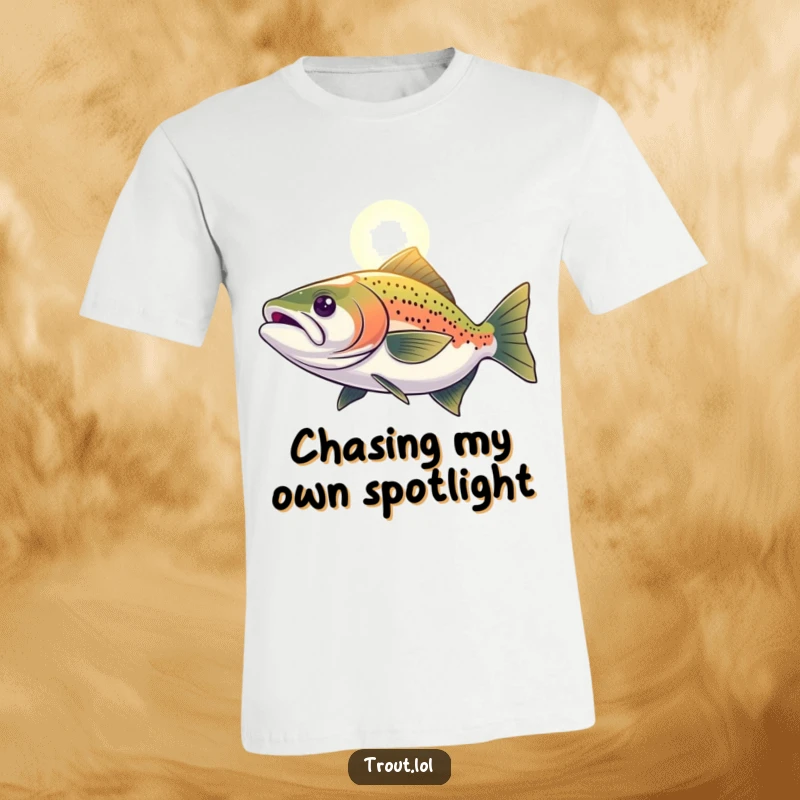 Funny T-Shirt showing a trout with a focused expression swimming towards a bright light, representing determination and ambition.