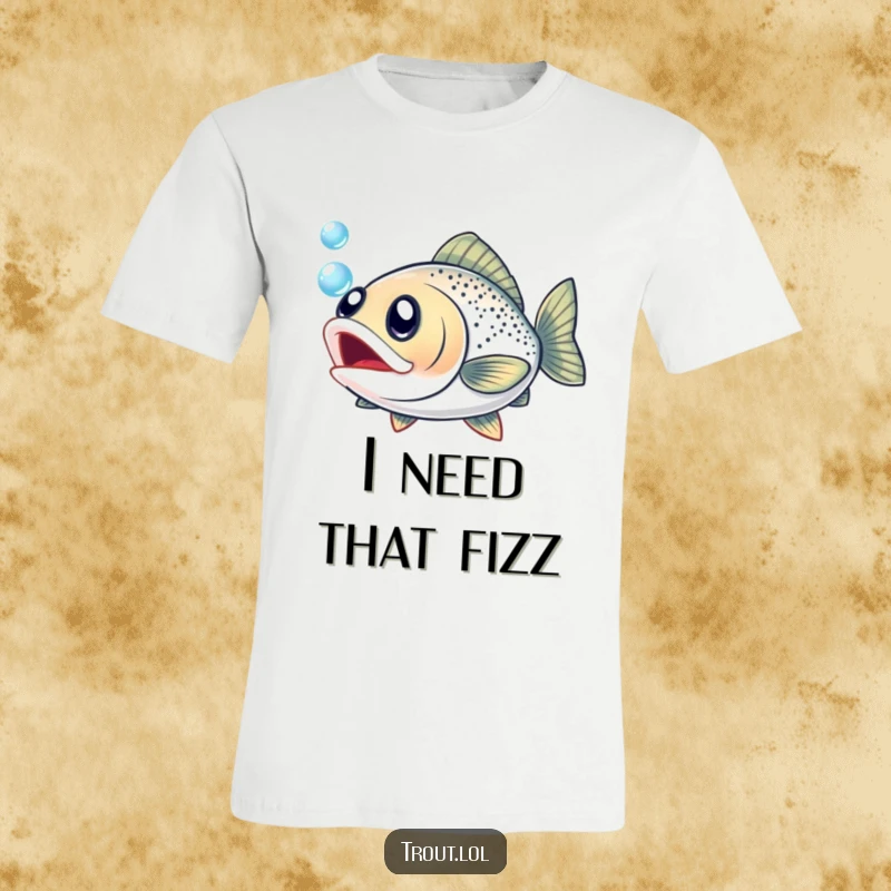 Funny t-shirt showing a trout with cartoonishly wide, excited eyes, eagerly pursuing a sparkling bubble.