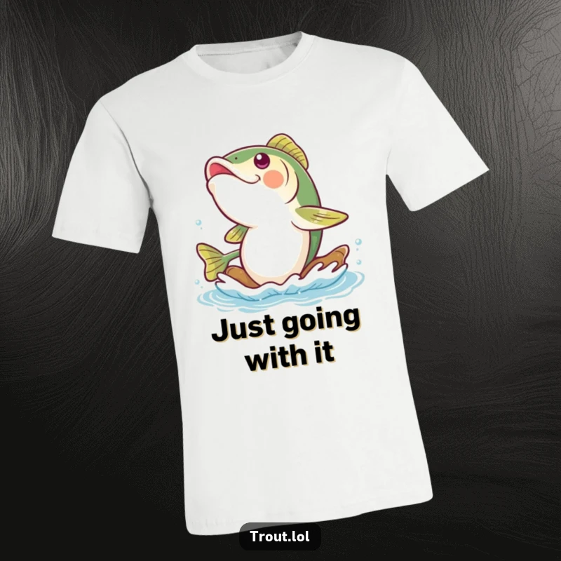 Funny trout t-shirt of a delighted trout chuckling heartily while serenely riding a gentle, flowing river current, perfect for casual wear.