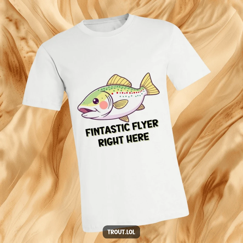 Funny T-Shirt showing a delighted trout swimming joyfully with fins spread wide, capturing a moment of aquatic bliss.