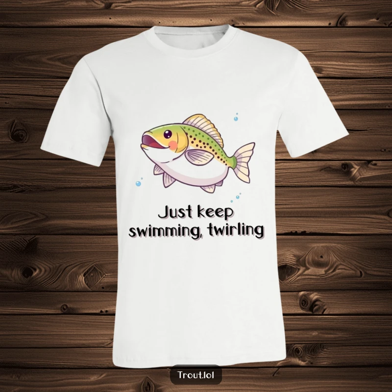 Funny t-shirt depicting a happy trout gracefully twirling underwater, capturing a moment of pure aquatic bliss and humor, a great gift.