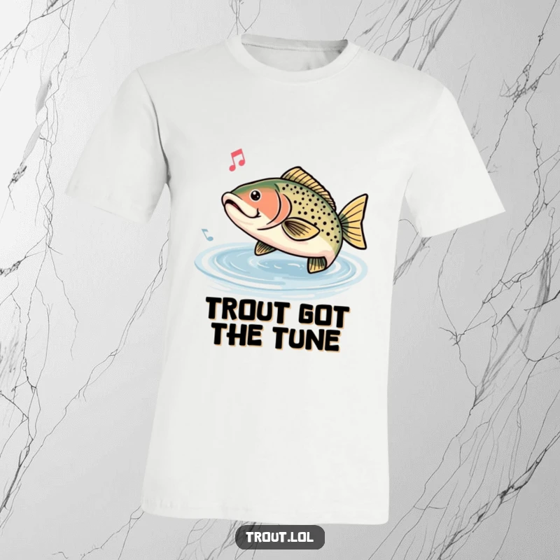 Funny t-shirt depicting a trout humming a cheerful tune, surrounded by musical notes, celebrating the joy of music.