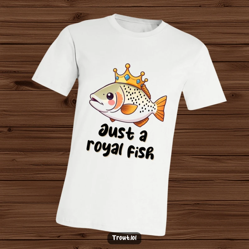 Funny Kawaii Trout T-Shirt featuring a tiny crowned trout swimming regally, a humorous fashion statement.