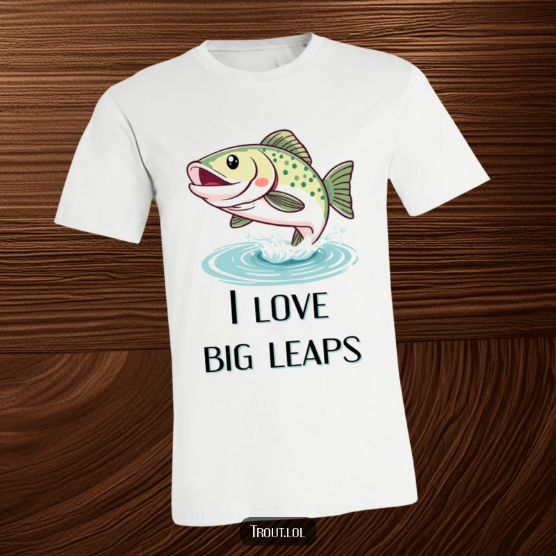 Funny Kawaii Trout T-Shirt: A happy, smiling trout leaps from the water, showcasing its playful and aquatic joy in a humorous design.