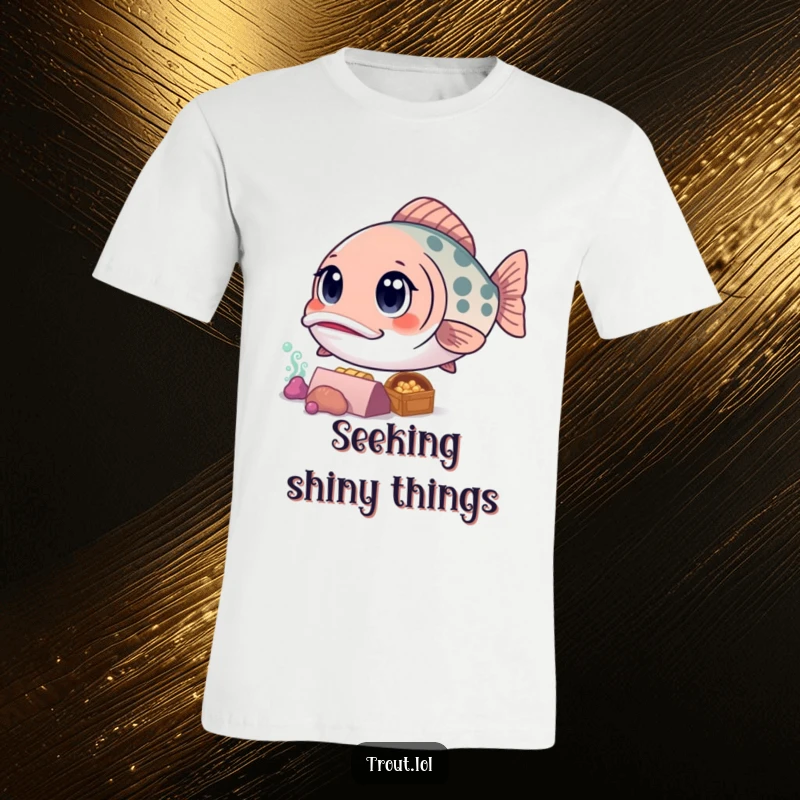 Funny t-shirt showing a wide-eyed kawaii trout mesmerized by the sight of a shimmering sunken treasure chest, evoking exploration.