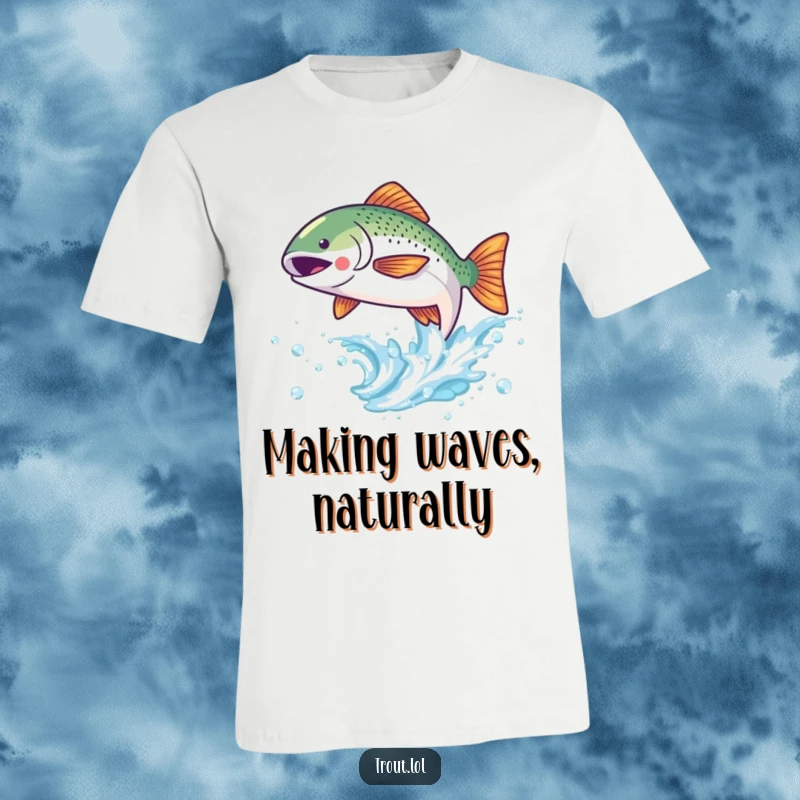 Funny t-shirt with a kawaii trout leaping joyfully from a sparkling wave, embodying happiness and energy.