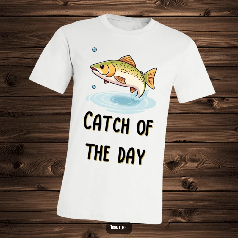 Funny t-shirt displaying a small trout joyfully leaping from the water, with a splash and flying droplet, celebrating fishing.