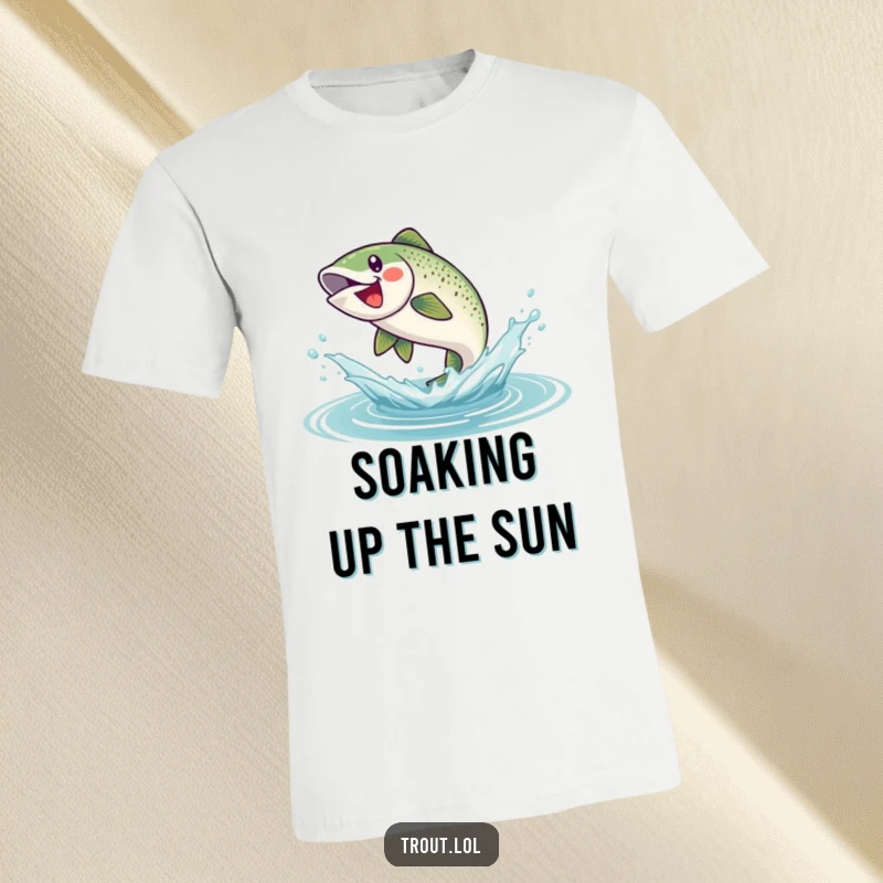 Funny t-shirt showcasing a joyful trout mid-air, leaping from a splashy water explosion, embodying freedom and playful energy.
