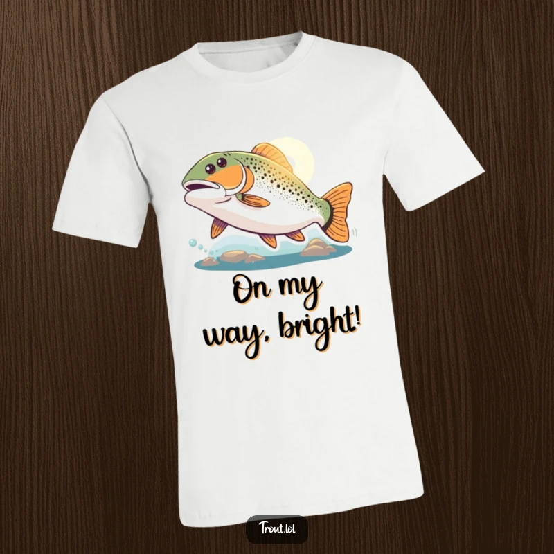 Funny determined trout t-shirt depicting a trout swimming vigorously towards a bright, shining light, symbolizing pursuit and hope, great for casual wear.