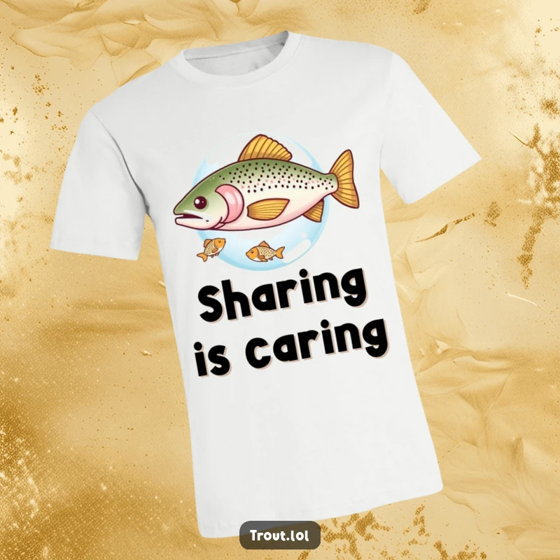 Funny t-shirt featuring a trout comically sharing a minuscule bubble with a smaller fish, a humorous and heartwarming depiction of kindness and friendship.