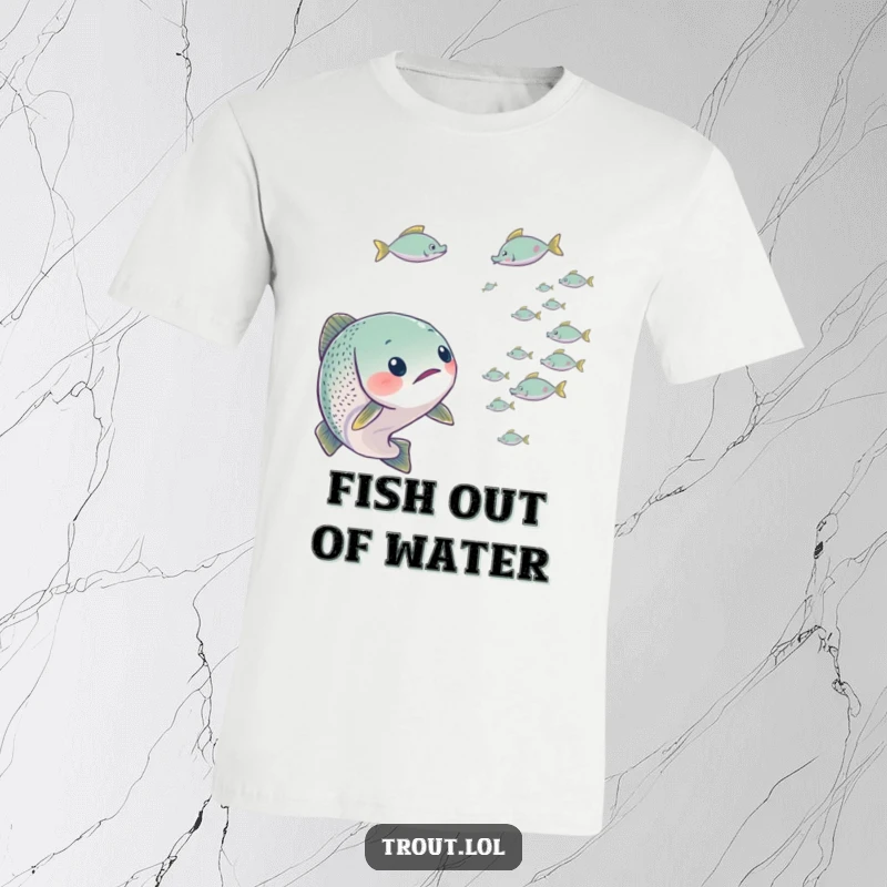 Funny t-shirt depicting a trout with a comically surprised expression as a school of tiny fish swims by, highlighting its bewilderment.