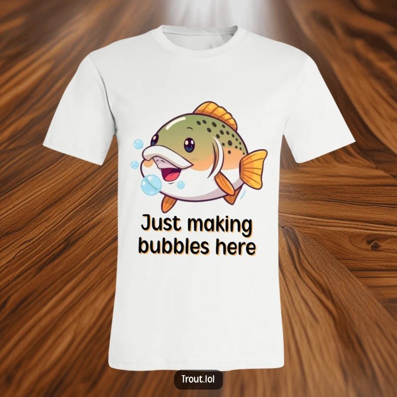 Funny t-shirt depicting a trout with a comically distorted face and bubbles emerging from its mouth, exuding playful and absurd humor.