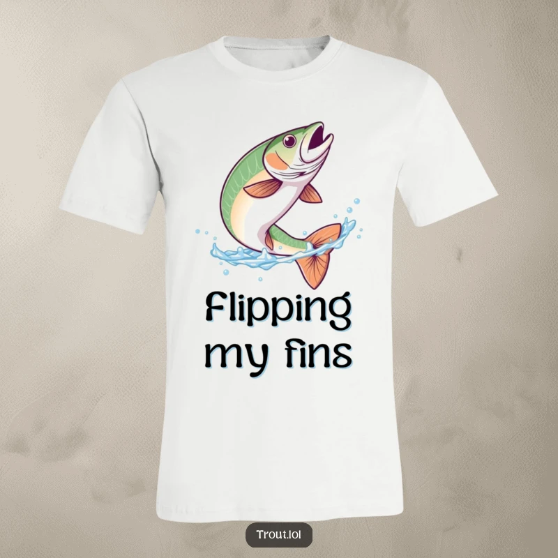 Funny t-shirt illustrating a trout executing a graceful flip in clear blue water, embodying agility and playful aquatic movement.