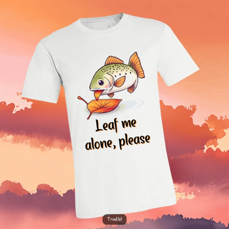 Funny trout leaf t-shirt design showing an enthusiastic trout eagerly nibbling on a colorful drifting leaf.