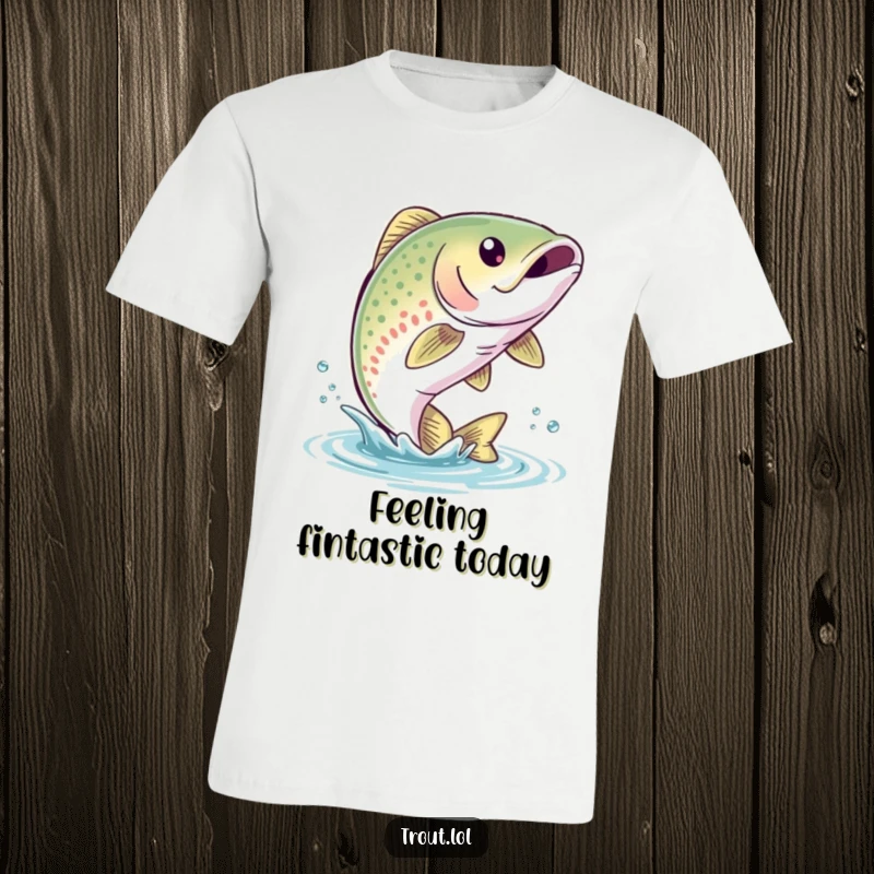Funny Trout T-Shirt featuring a cute trout with a bubbly smile leaping energetically out of the water, perfect for anglers.