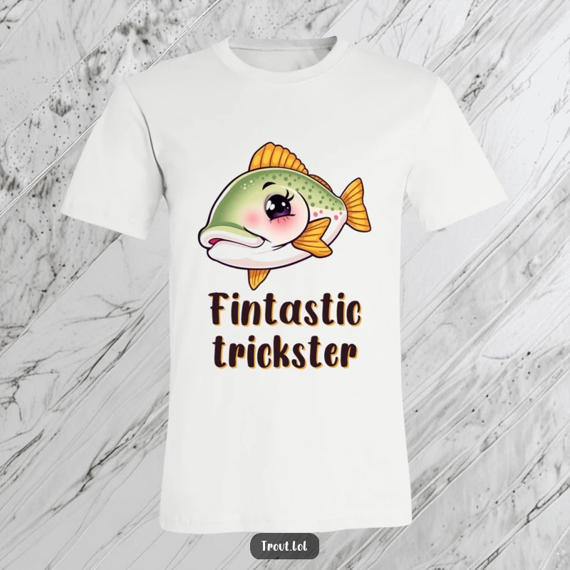 Funny t-shirt with a mischievous trout winking, illustrating a playful personality and a love for fishing jokes, ideal for casual wear.