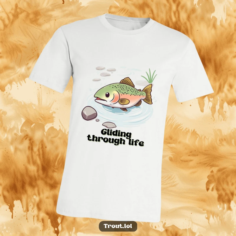 Funny t-shirt depicting a trout blissfully sliding down a water current, embodying a state of pure, serene happiness.