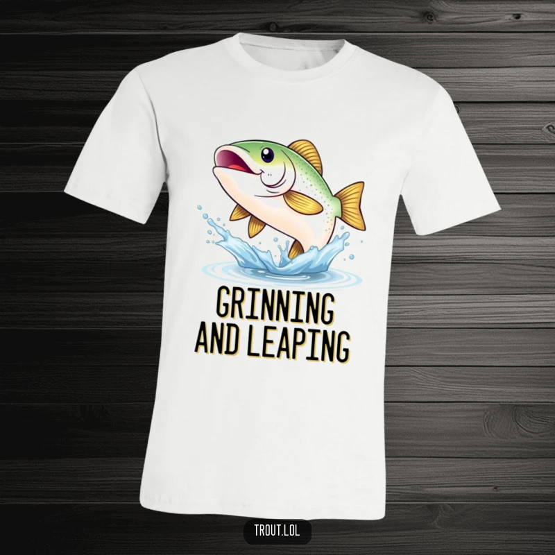 Funny t-shirt showcasing a shimmering trout with a wide, ecstatic smile, captured mid-leap out of a splashing wave, ideal for cheerful anglers.
