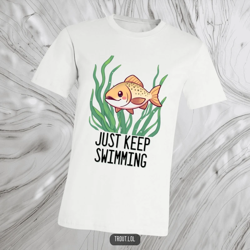 Funny t-shirt displaying a kawaii trout with an infectious grin, energetically swimming amidst vibrant seaweed in a playful underwater vibe.