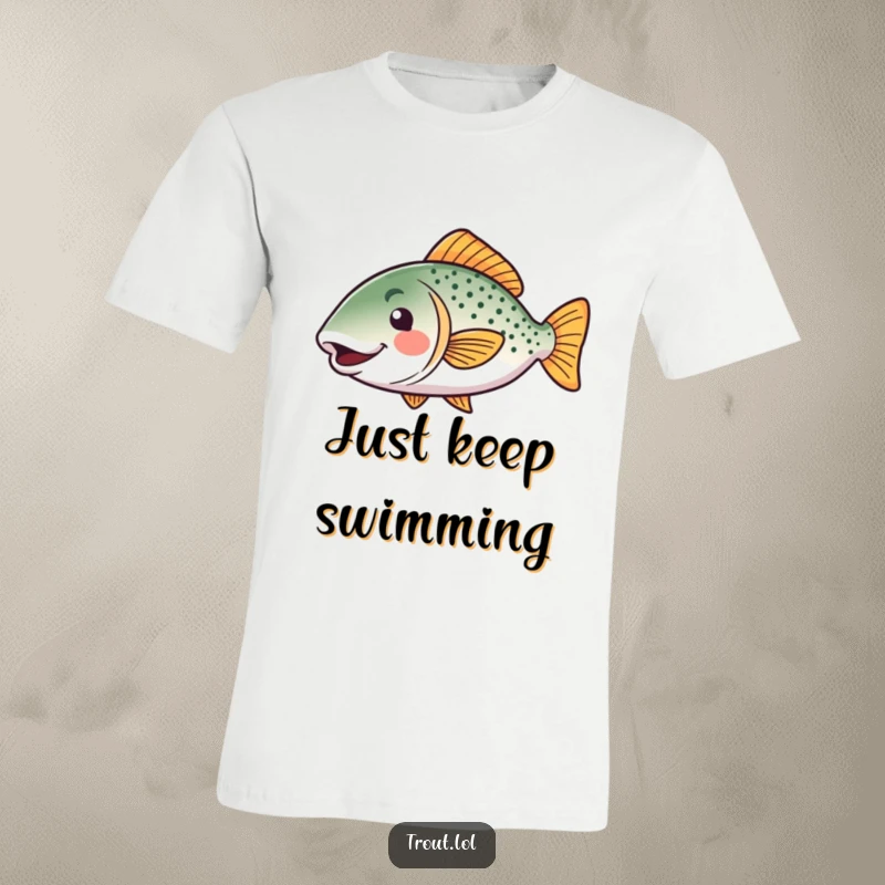 Funny kawaii trout t-shirt showing a happy fish mid-wiggle, a delightful and humorous wearable for funny gift seekers.